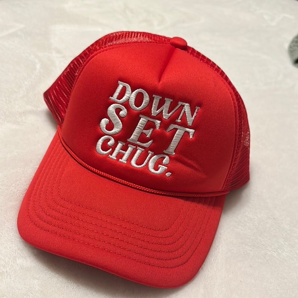 ‘Down Set Chug” red trucker hat